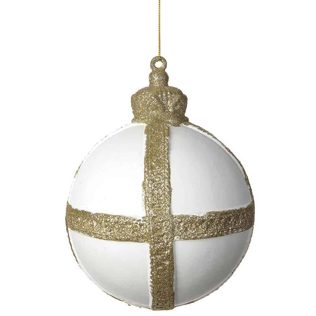 Glittered Plastic Ball Ornament Gold White 6in
