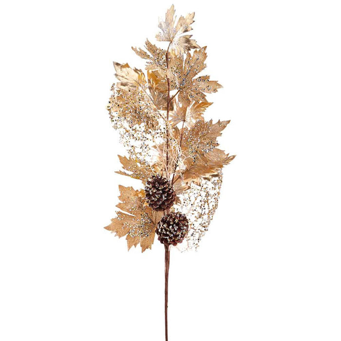 Glittered Metallic Maple Leaf, Pinecone & Twig Artificial Stem 42in Gold/Brown