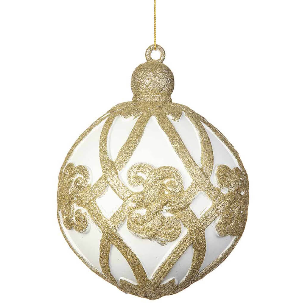 Glittered Plastic Ball Ornament Gold White 6in