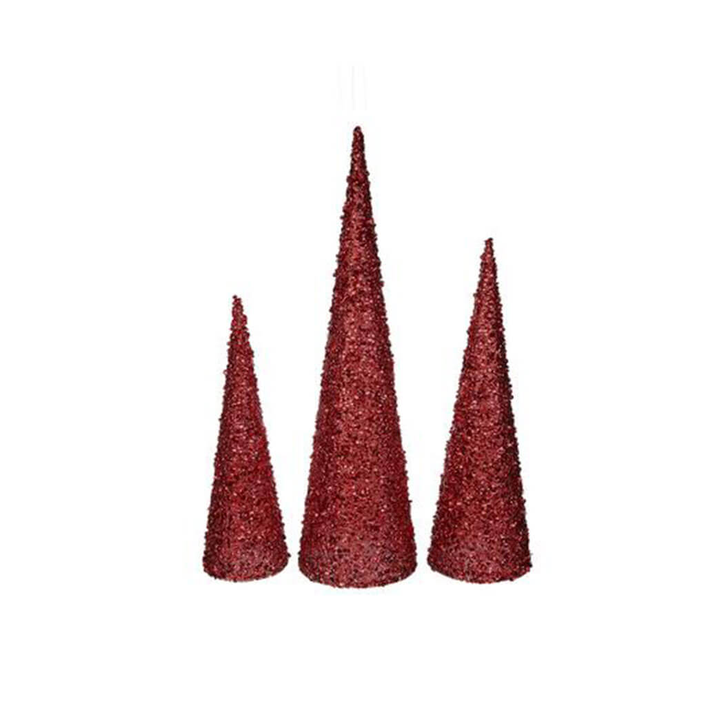 High Sequin and Bead Red Christmas Cone Tree Set of 3 15-24in