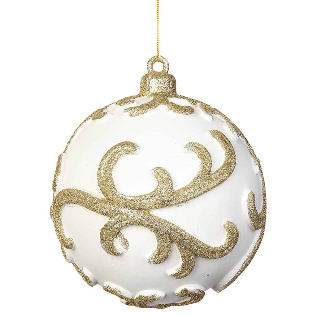 Glittered Plastic Ball Ornament Gold White 7in