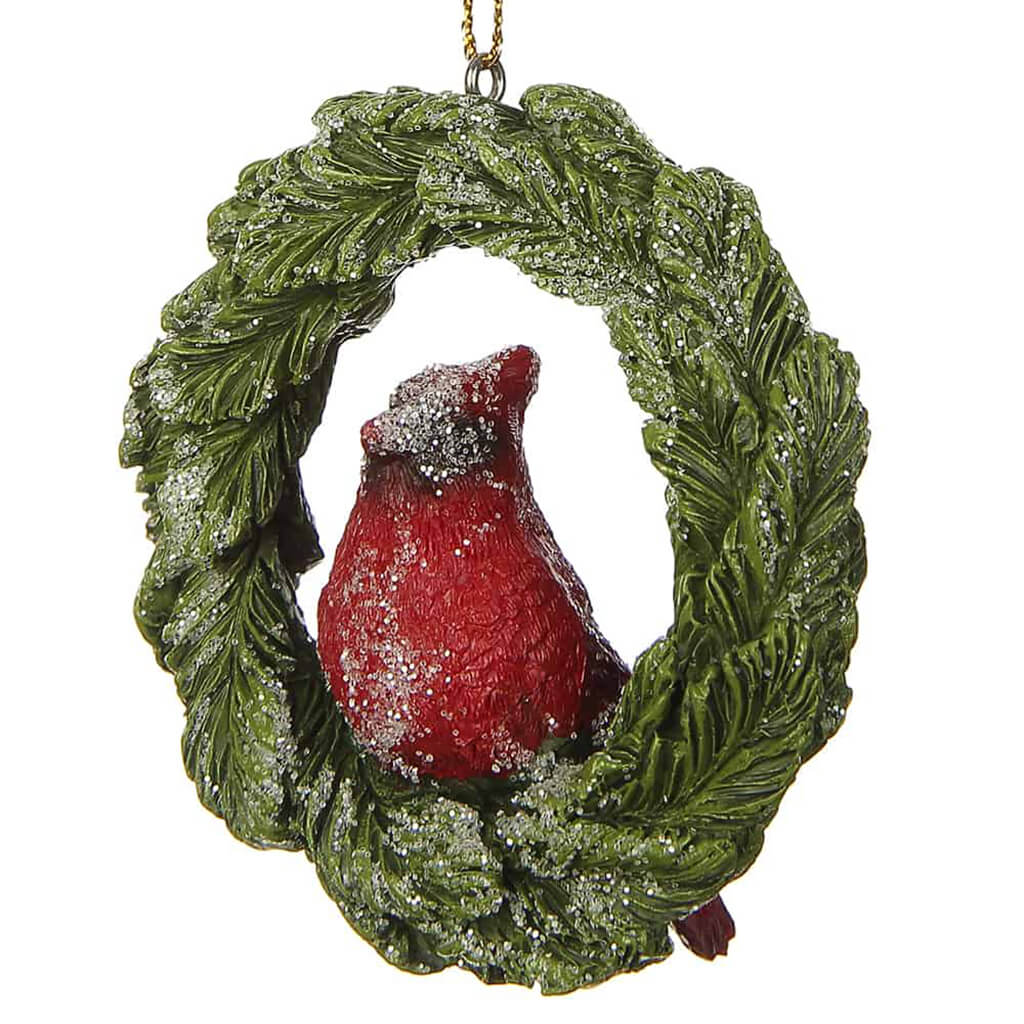Glittered Cardinal Wreath Ornament Red Green 3.25in
