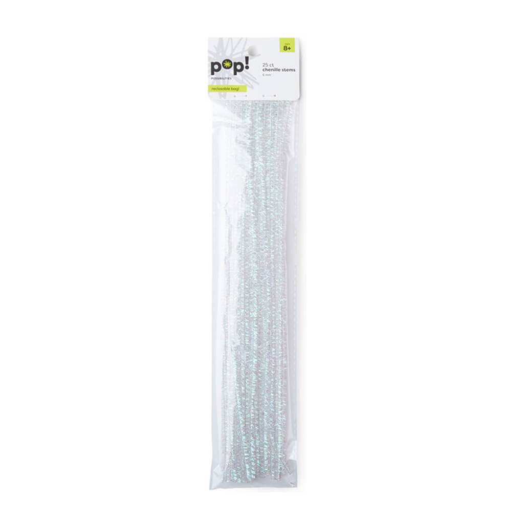 Iridescent White Tinsel Chenille Stems 25pk 6mm