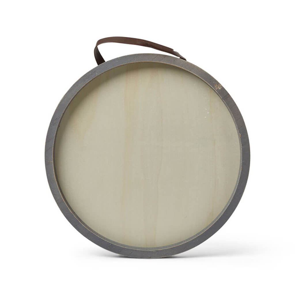 Round Framed Wall Decor with Leather Strap 14in Gray