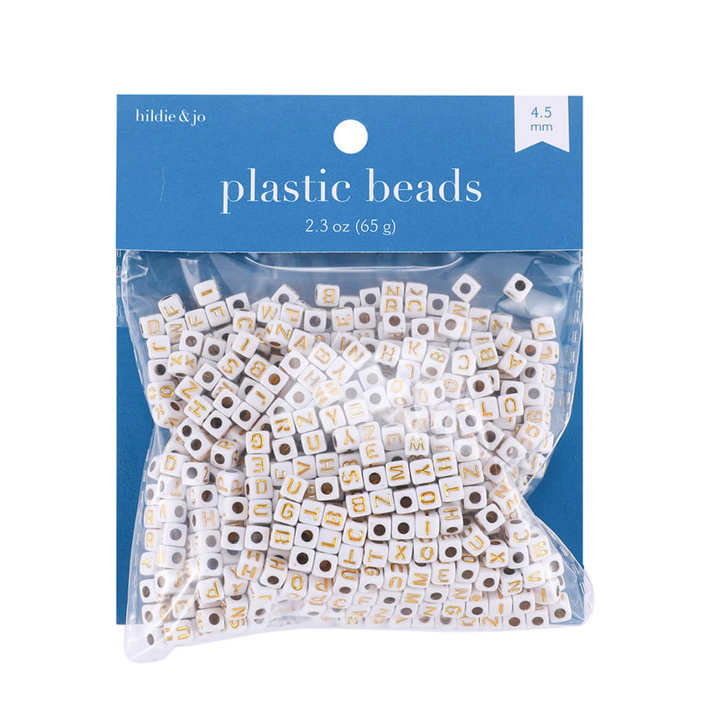 Square Plastic Beads Gold Letter on White 4.5mm