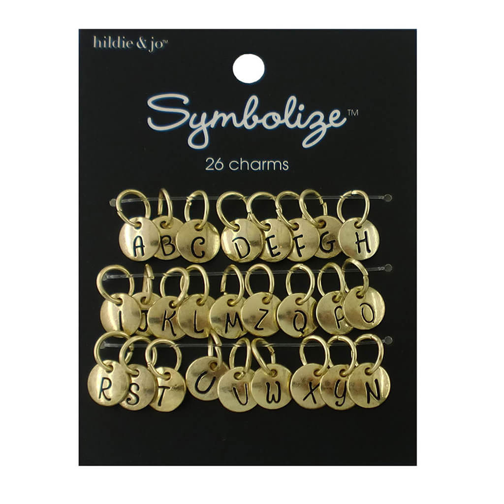 Symbolize 26 pk Round Charms - Black Alphabet on Gold