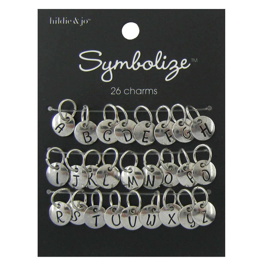 Round Charms Black Alphabet on Silver, 26pc