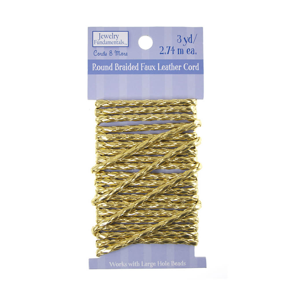 Gold Round Braided Faux Leather Cord 3yds