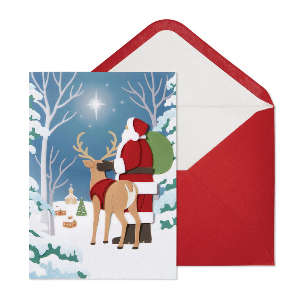 Christmas Card Santa Reindeer Look At Star