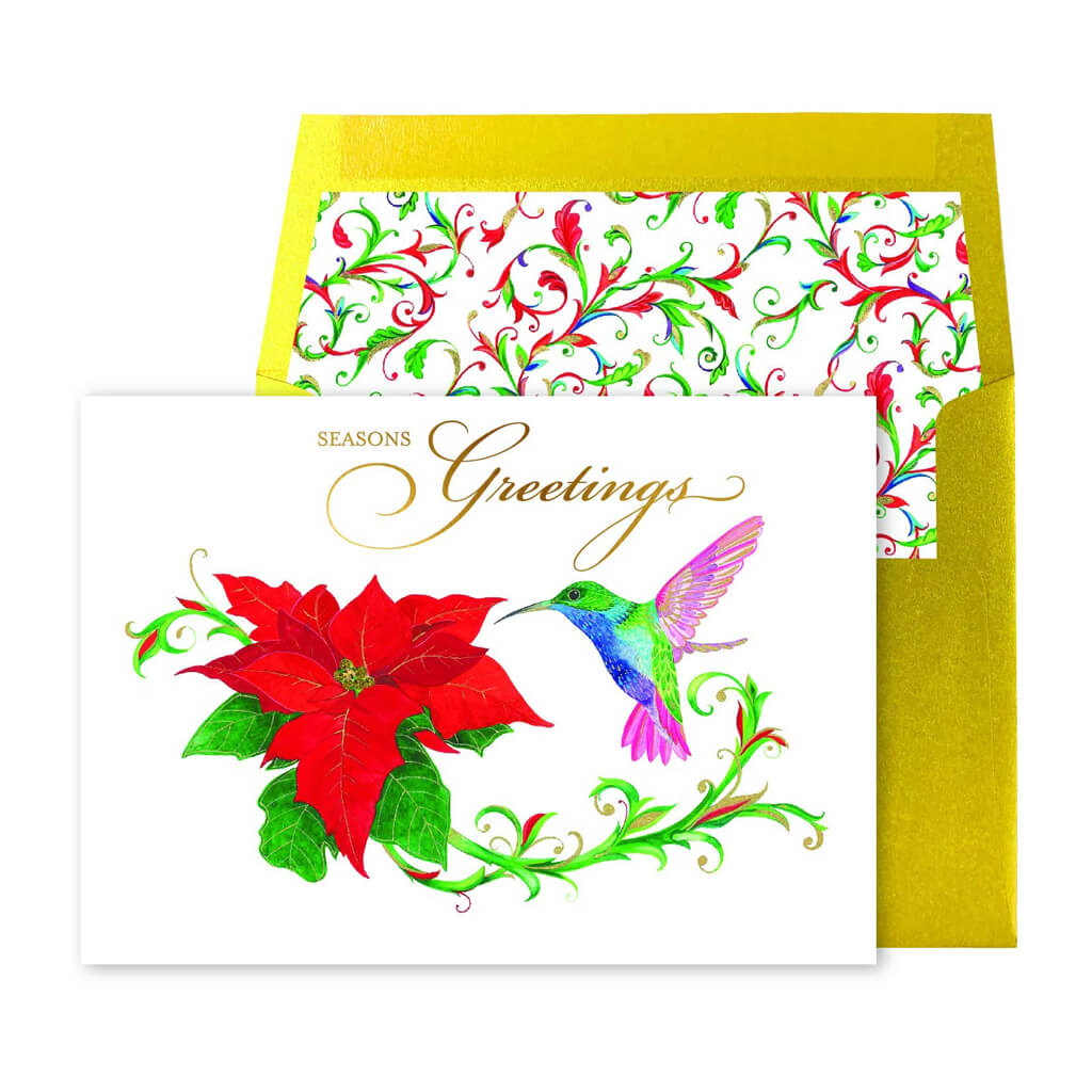 Christmas Card Poinsettia And Hummingbird