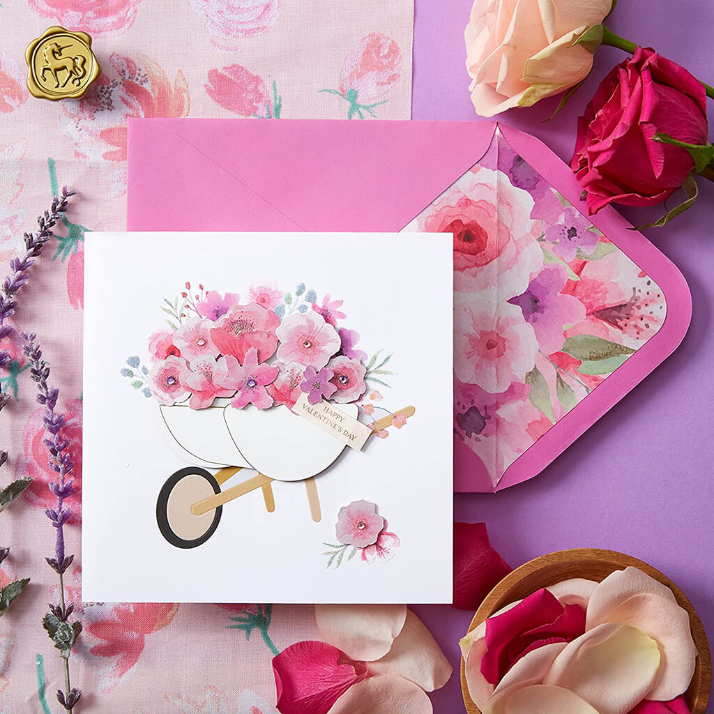 Valentine's Day Card Wheelbarrow with Hearts/Flowers