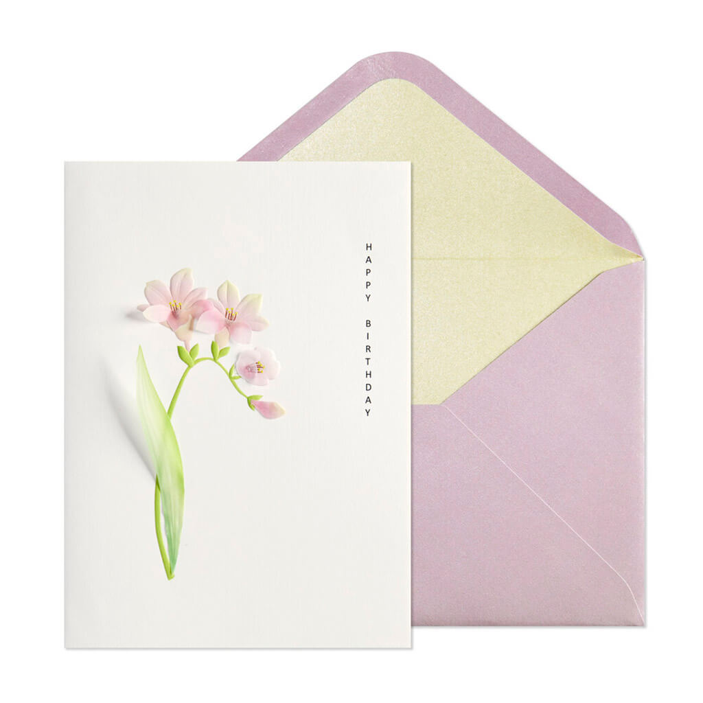 Birthday Card Pink Flowers With Leaves