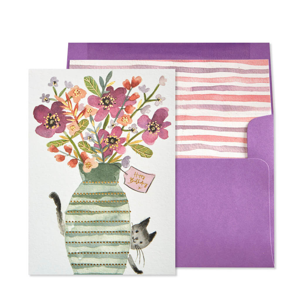 Birthday Card Vase With Flowers And Kitty