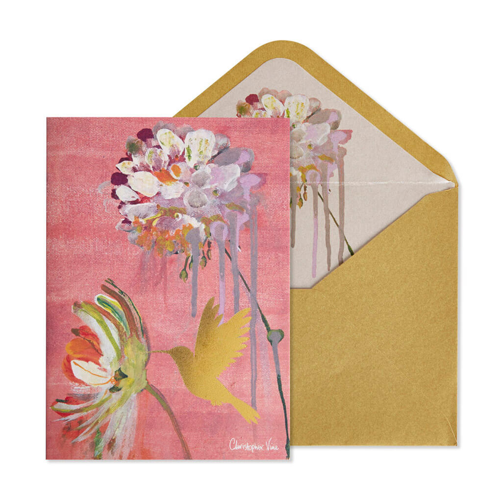 Blank Card Two Flowers And Hummingbird