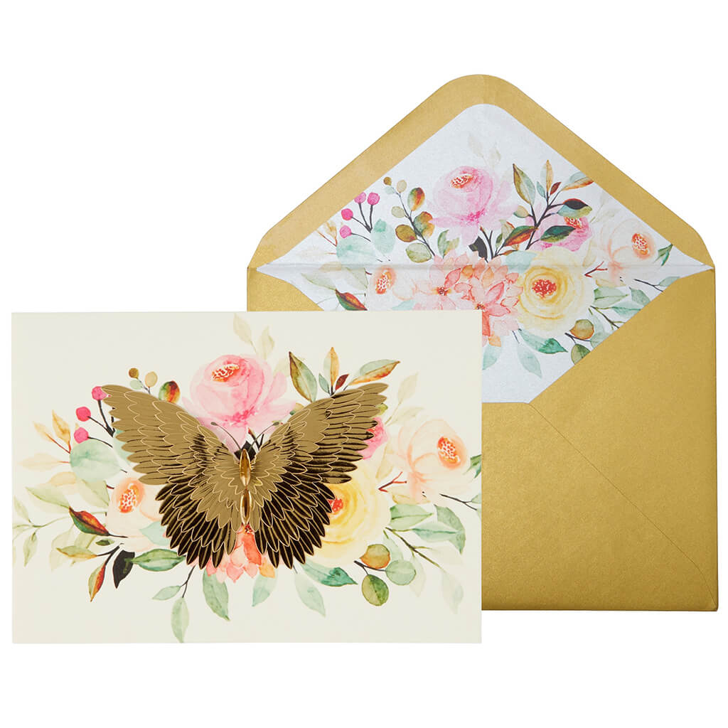 Blank Card Gold Butterfly On Flowers