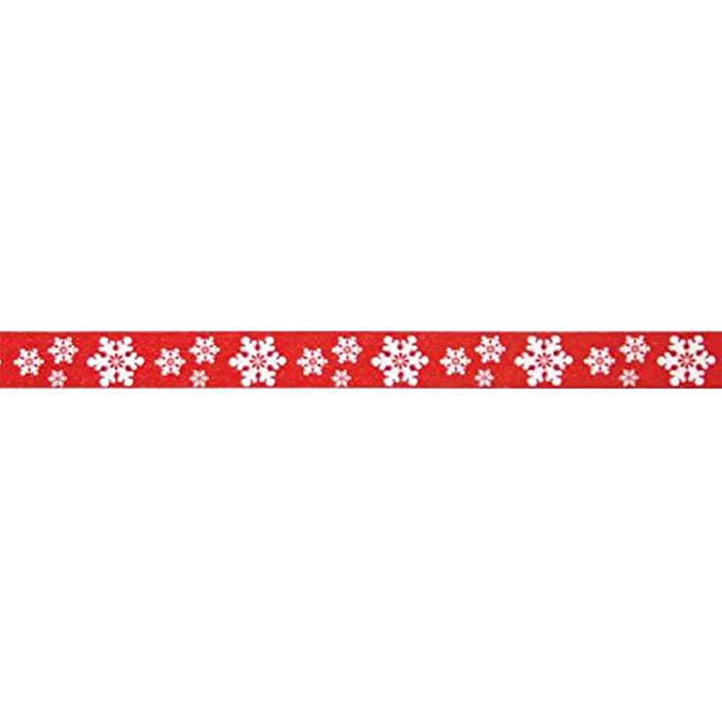 White Snowflakes on Red Curling Ribbon 3/8in x 250yd