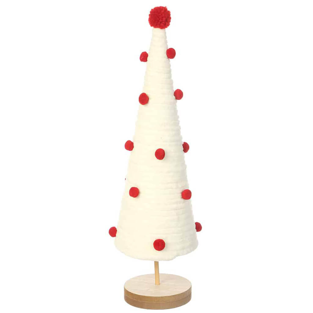 Pompon Yarn Cone Tree White Red 14.75in