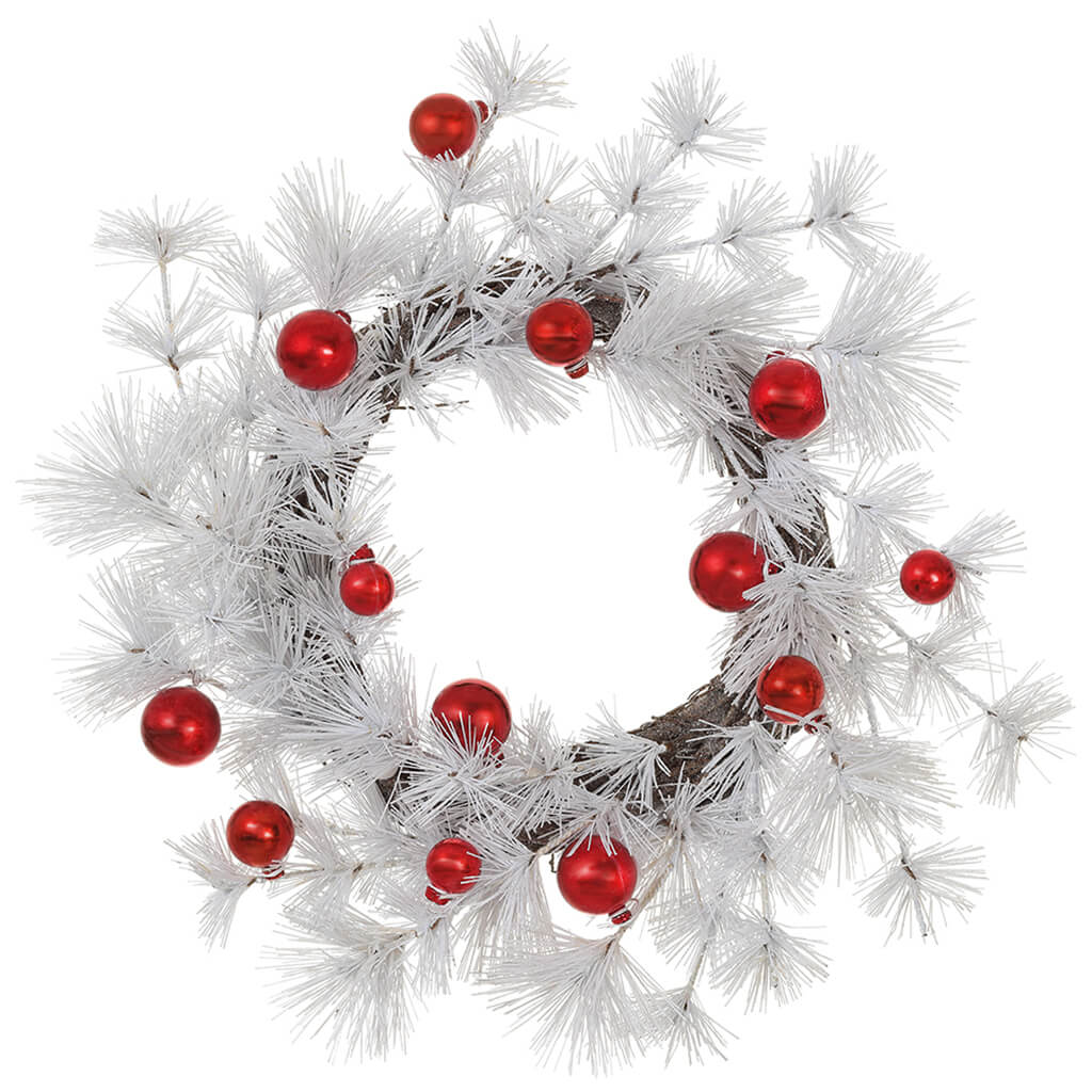 Ornament Ball/Needle Pine Wreath Red White 11.75in