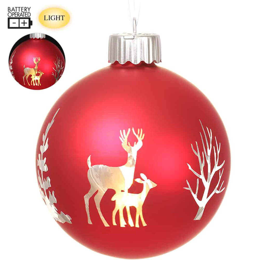 Battery Operated Glass Reindeer Ball Ornament with Lights Red 4in