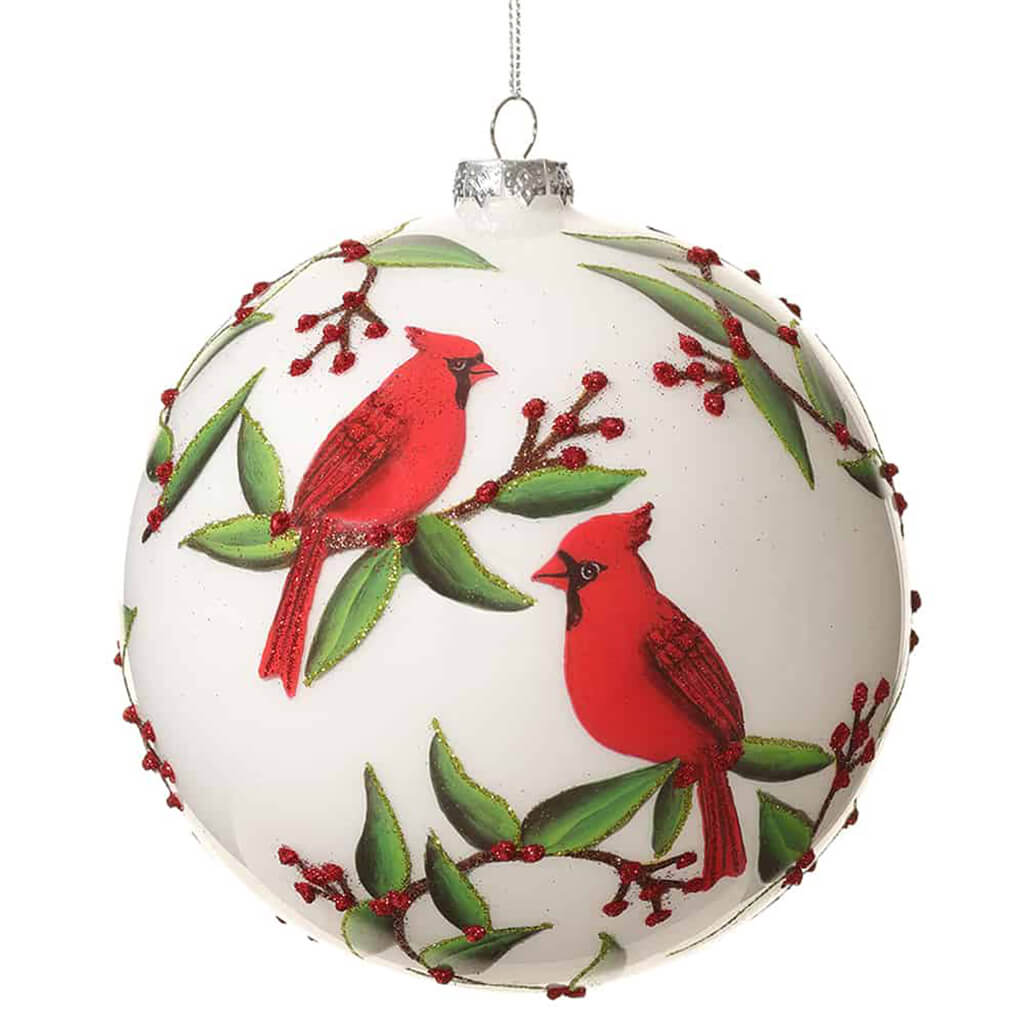 Glass Cardinal Ball Ornament Red White 6in