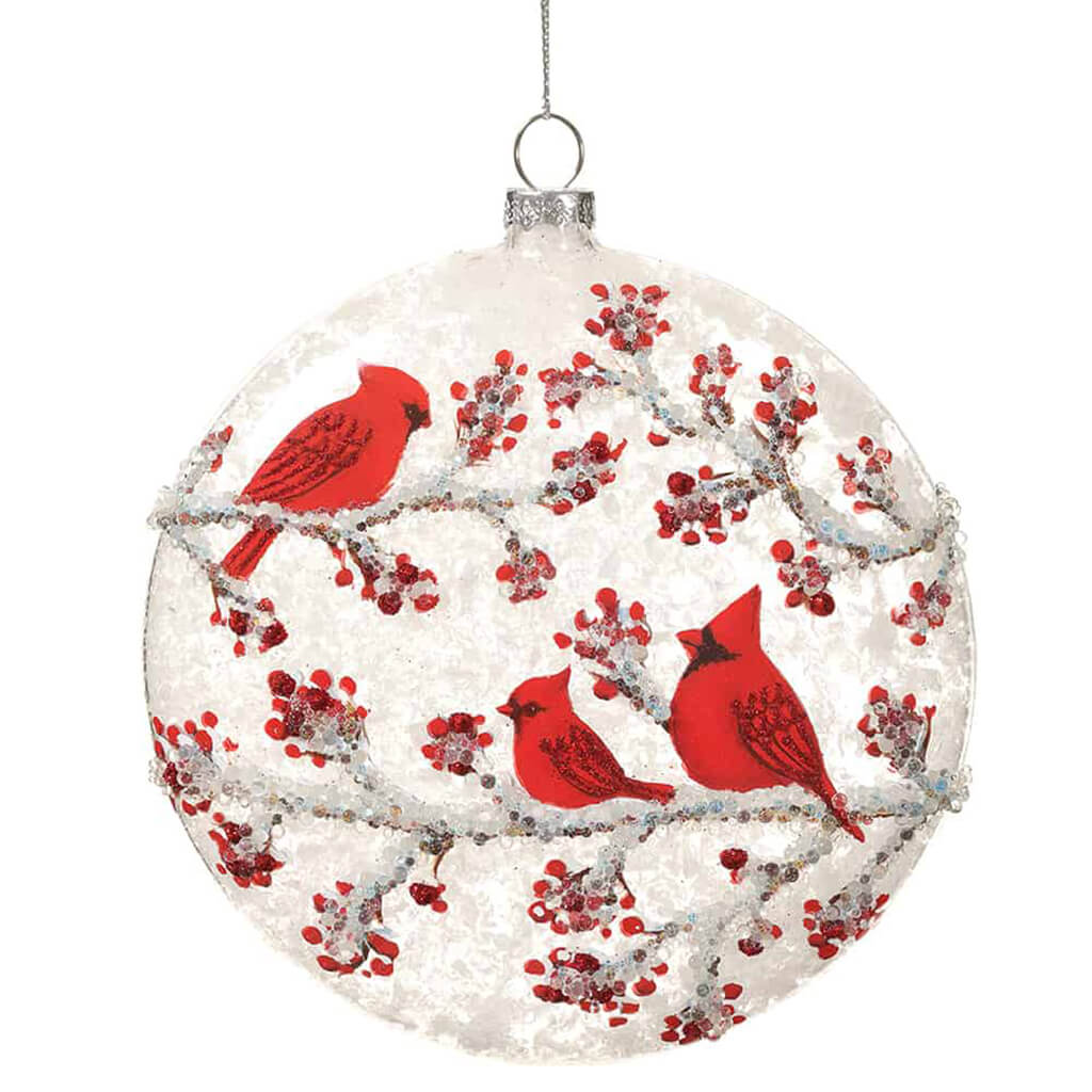 Glass Cardinal Disc Ornament Red White 5.5in H x 1.6in W x 4.7in L