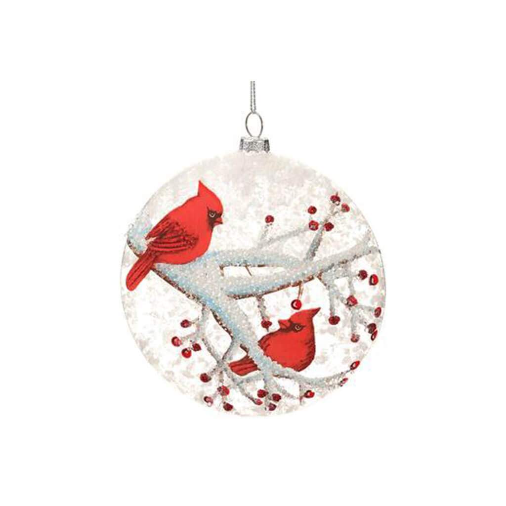 Glass Cardinal Disc Ornament Red/White 5.5in