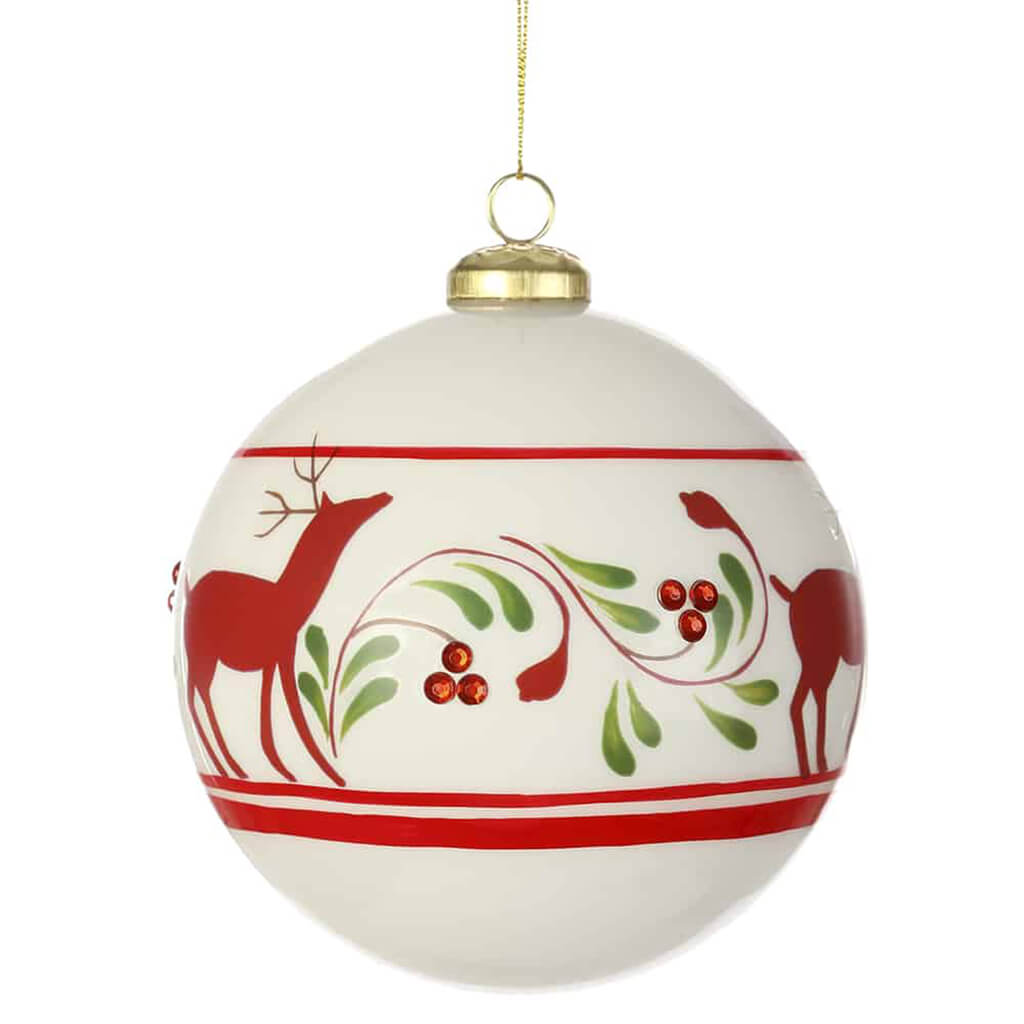 Reindeer Glass Ball Ornament Red White 4.75in