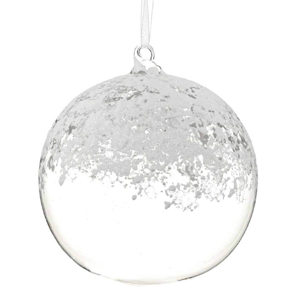 Snowed Glass Ball Ornament Clear White 6in