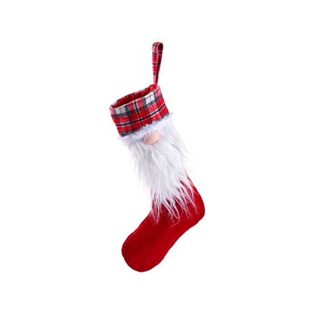 Santa Plaid Stocking 20in Red/White