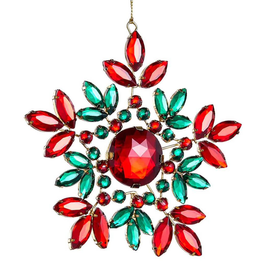 Rhinestone Snowflake Ornament Red Green 5.5in