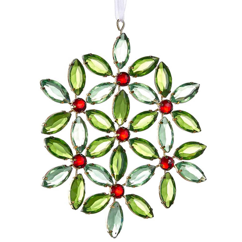 Rhinestone Snowflake Ornament Green Red 5.5in