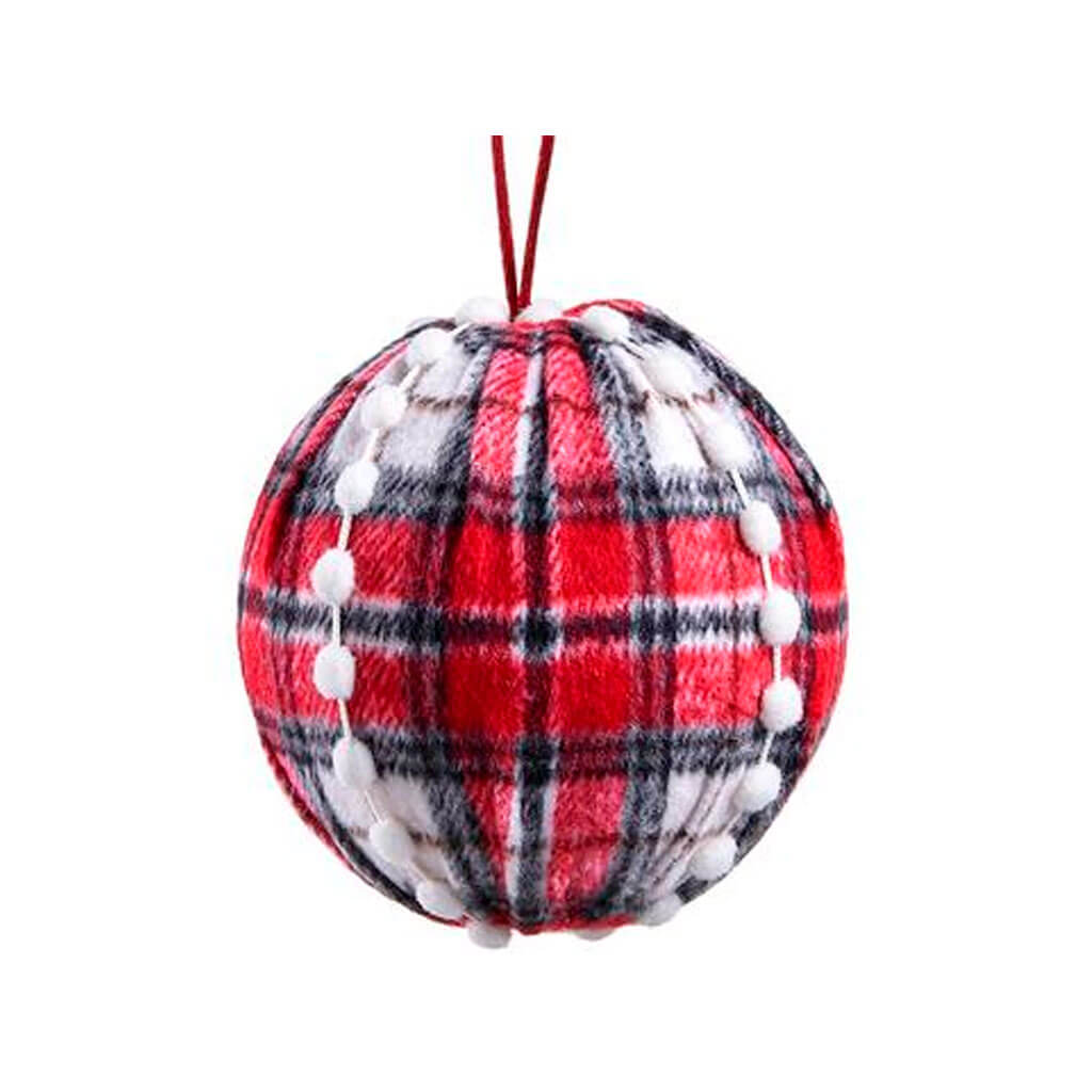 Plaid Pompon Ball Ornament Red/White 5in