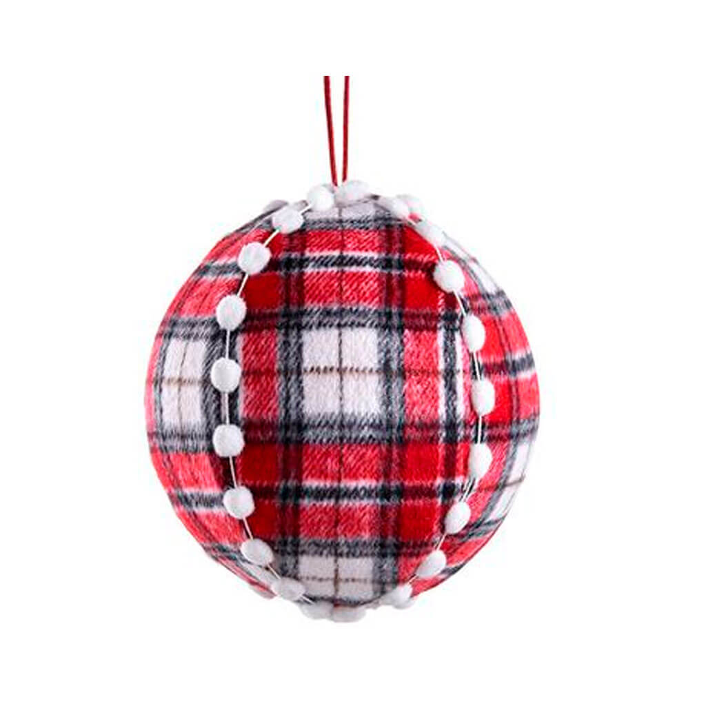 Plaid Pompon Ball Ornament Red/White 6in