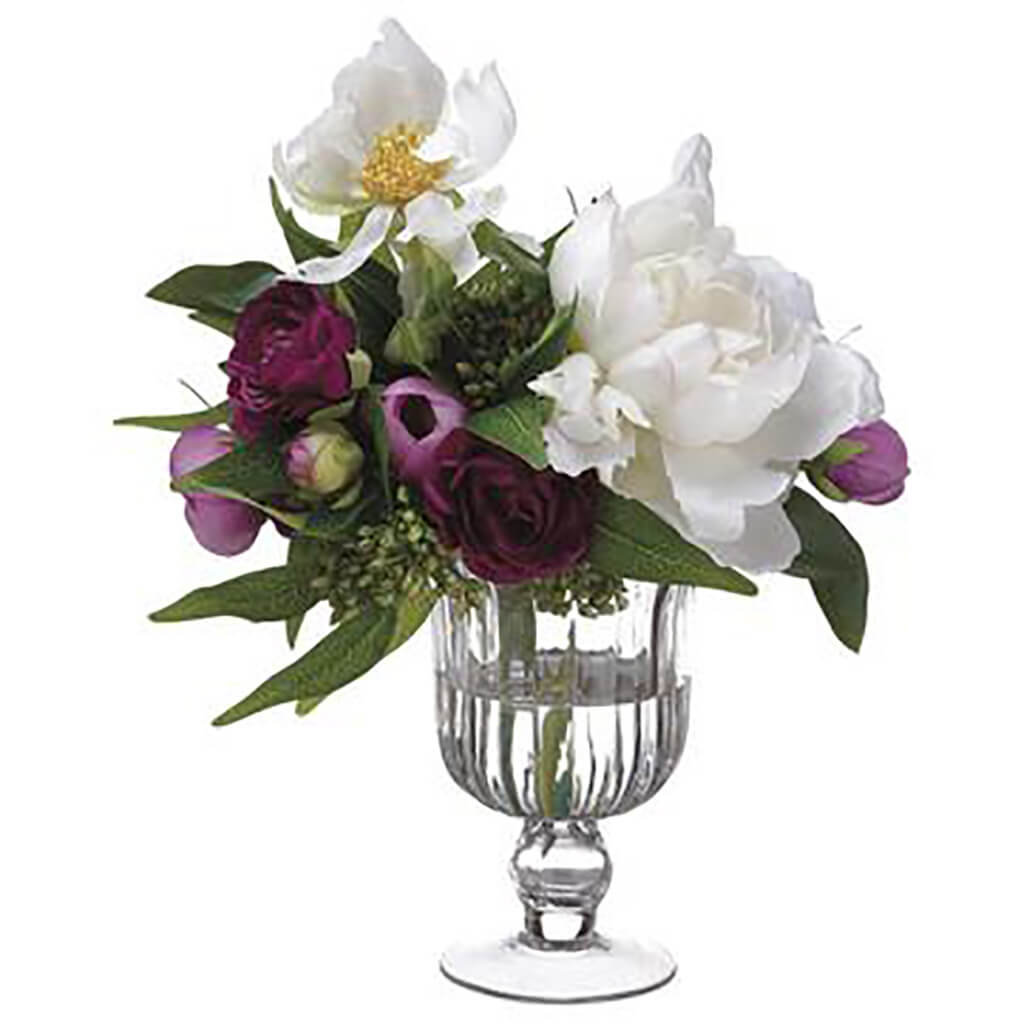 Ranunculus/Peony in Glass Vase Purple White, 10in H x 9in W x 12in L