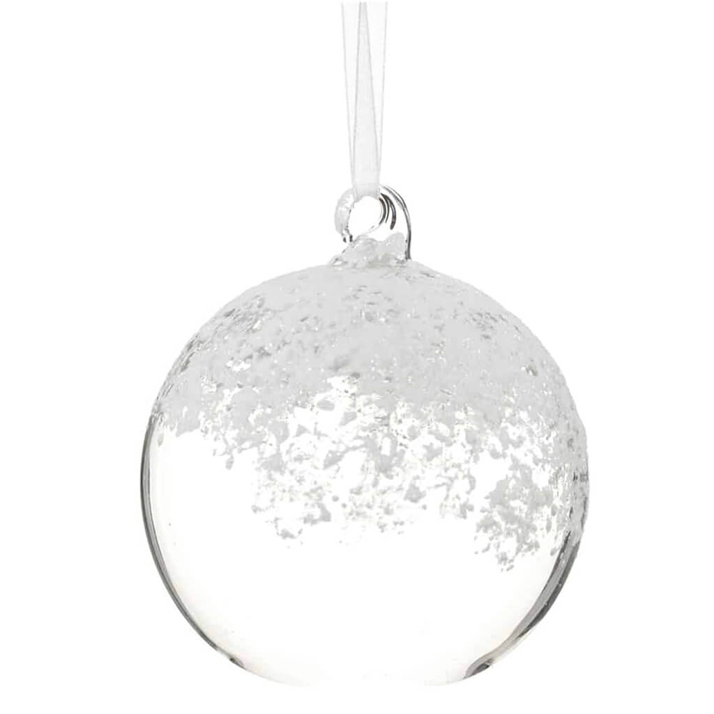 Snowed Glass Ball Ornament Clear White 4in