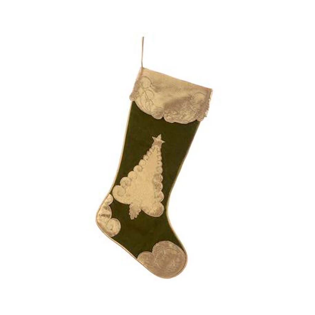 Velvet Tree Stocking Green Gold 25in