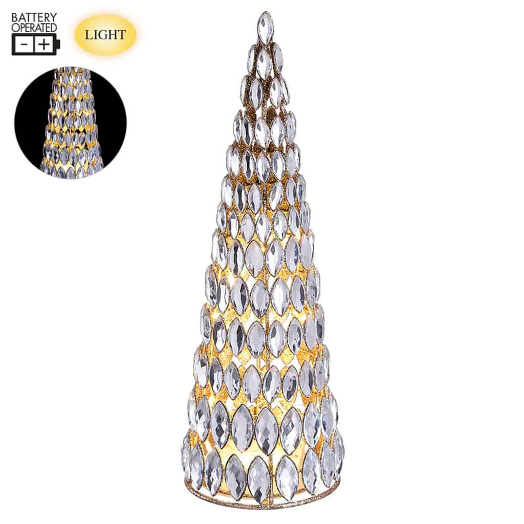 Battery Operated Rhinestone Cone Tree Clear Gold 13in