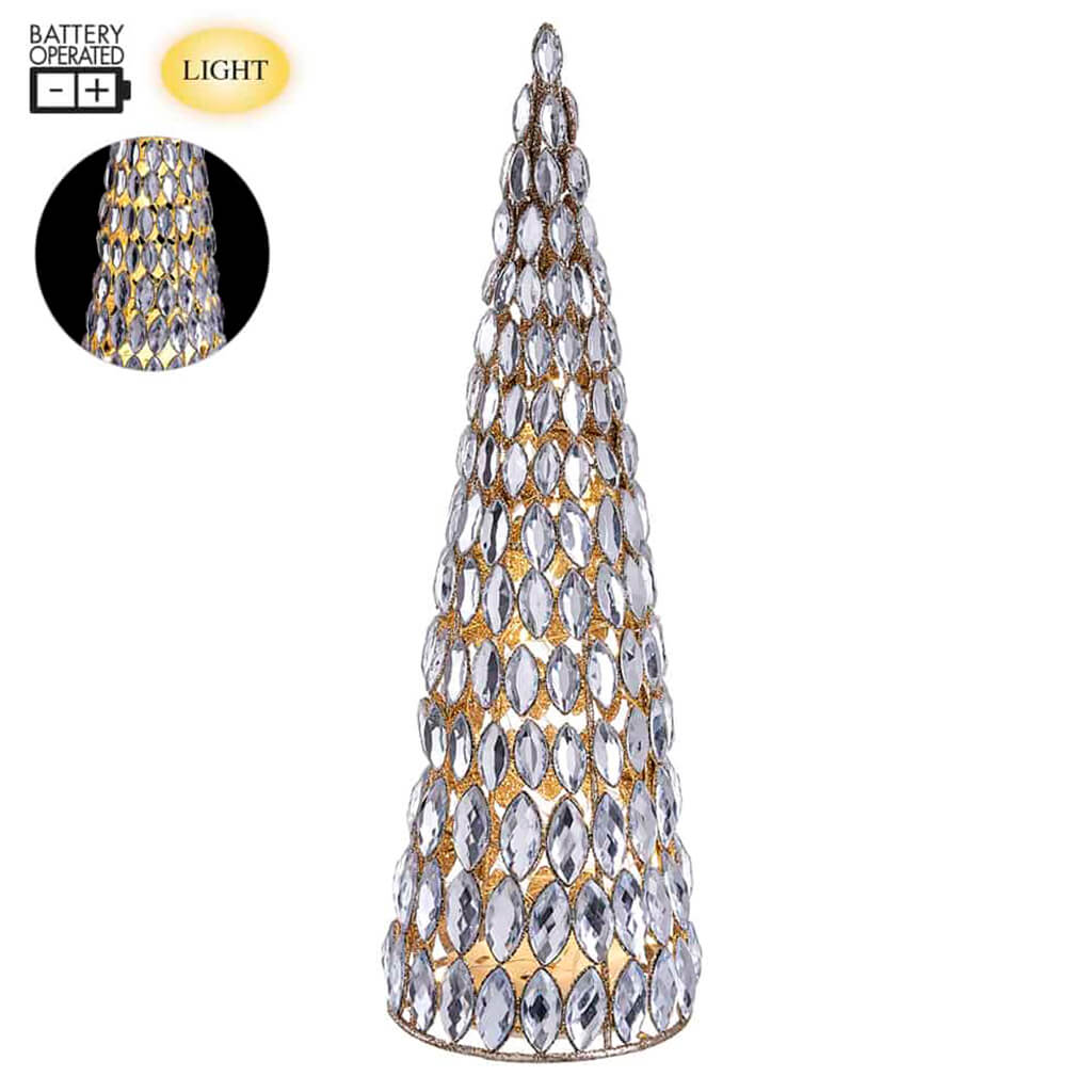 Battery Operated Rhinestone Cone Tree Clear Gold 15in