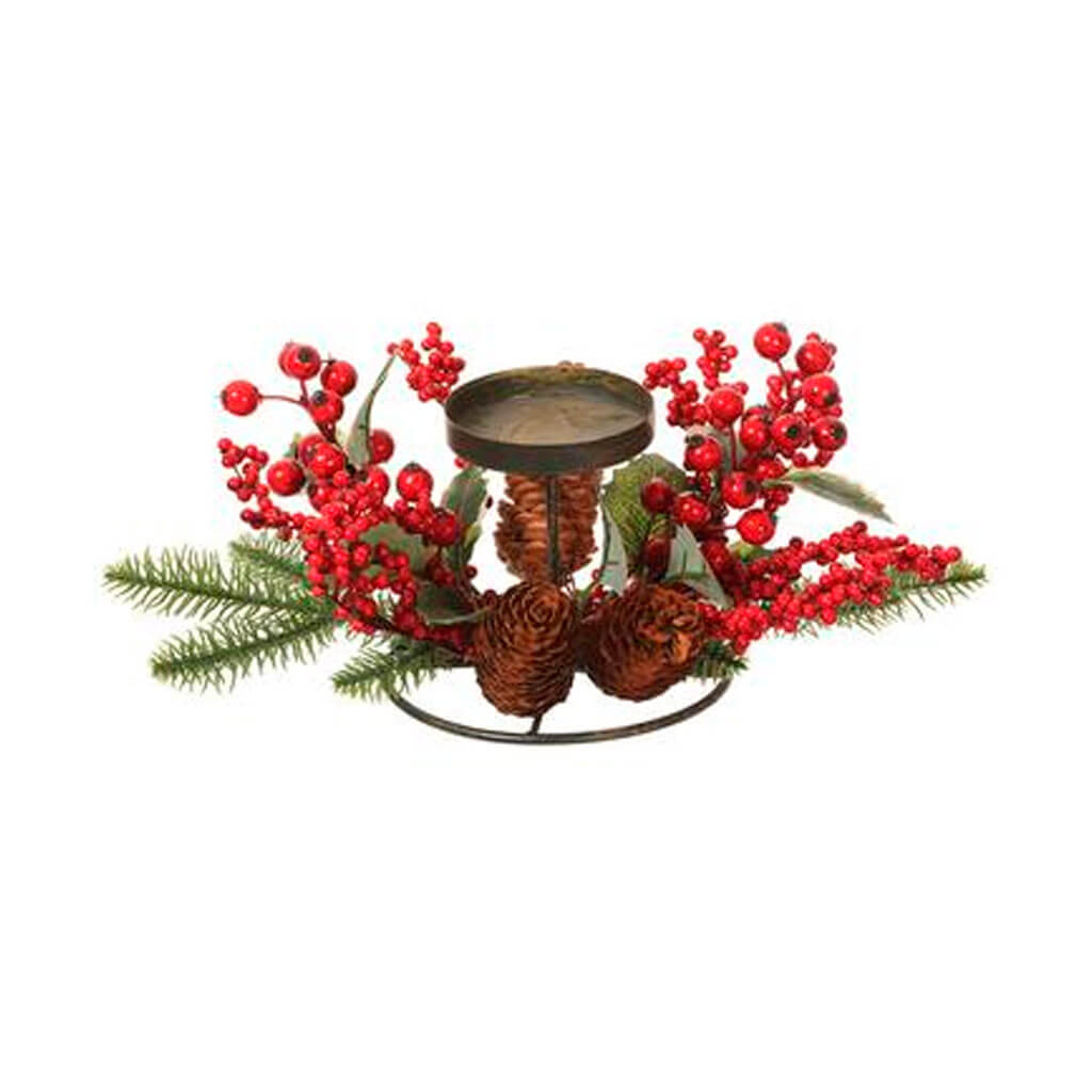 Berry/Pine Cone Metal Candle Holder 12in Red