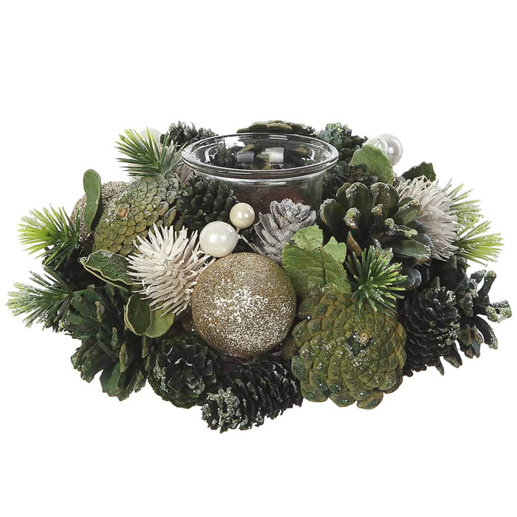 Pine Cone/Ornament Ball/Pine C/P with Glass Candleholder Green 3.5inH x 7.4inW x 7.4inL