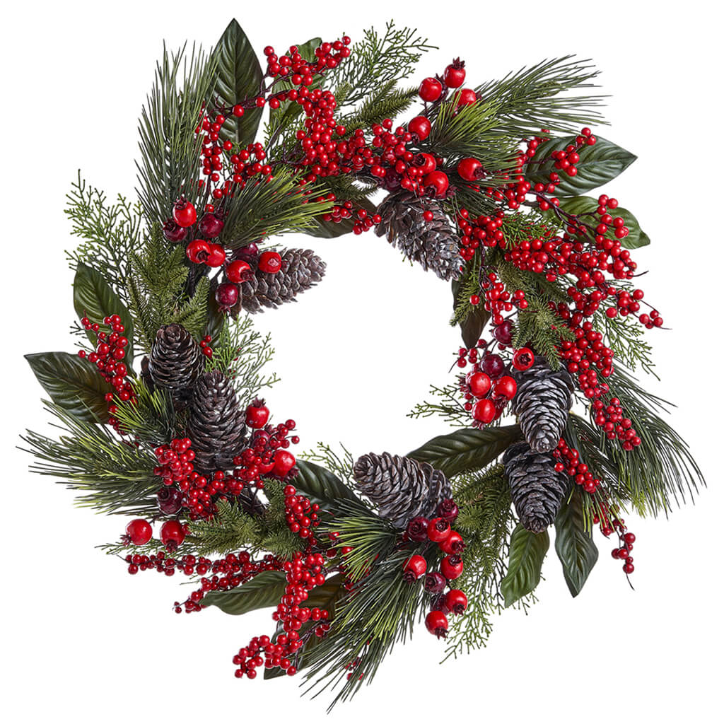 Artificial Berry, Pinecone &amp; Pine Hanging Wreath Red/Green 26in