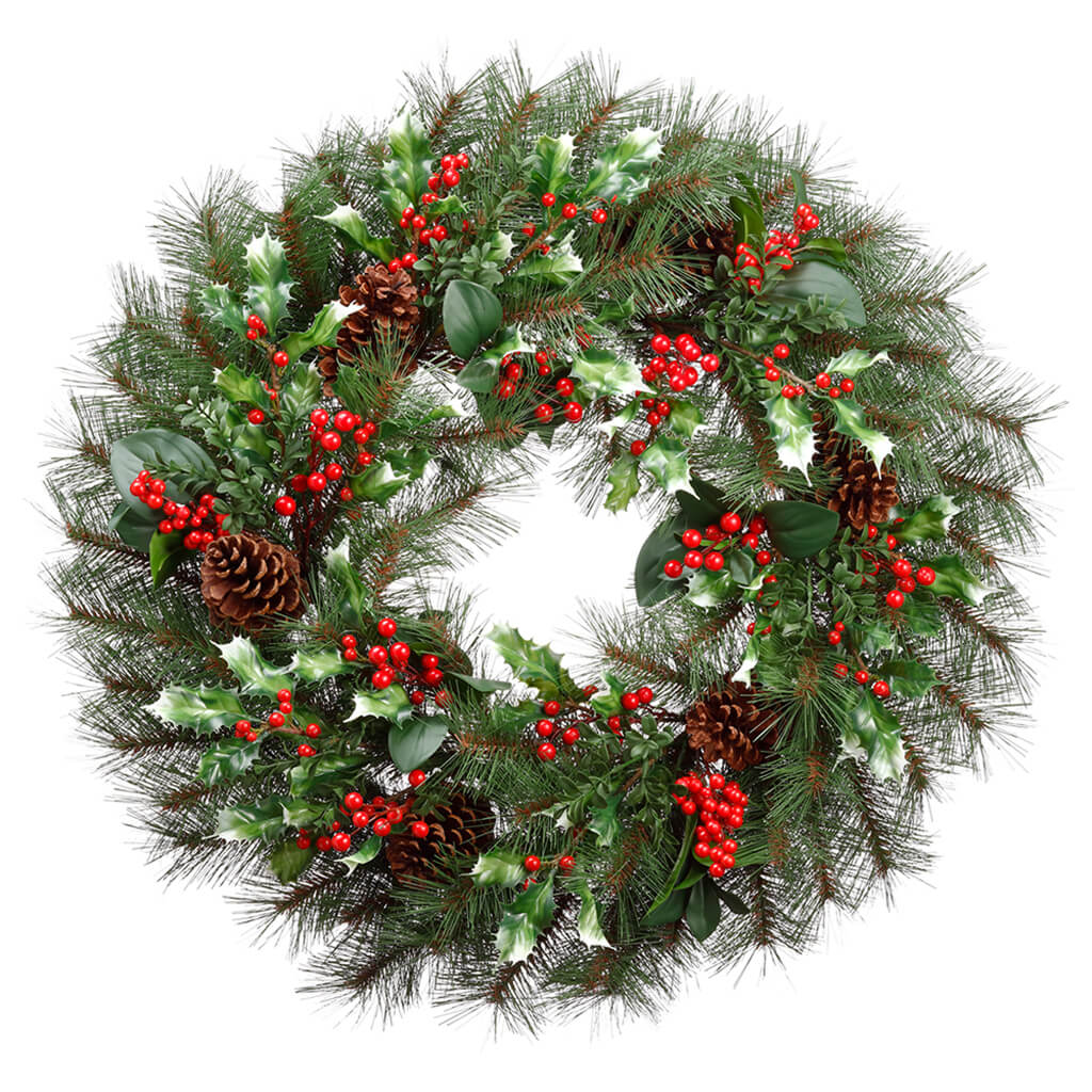 Holly/Berry/Pine Cone/Pine Wreath Red Brown 30in