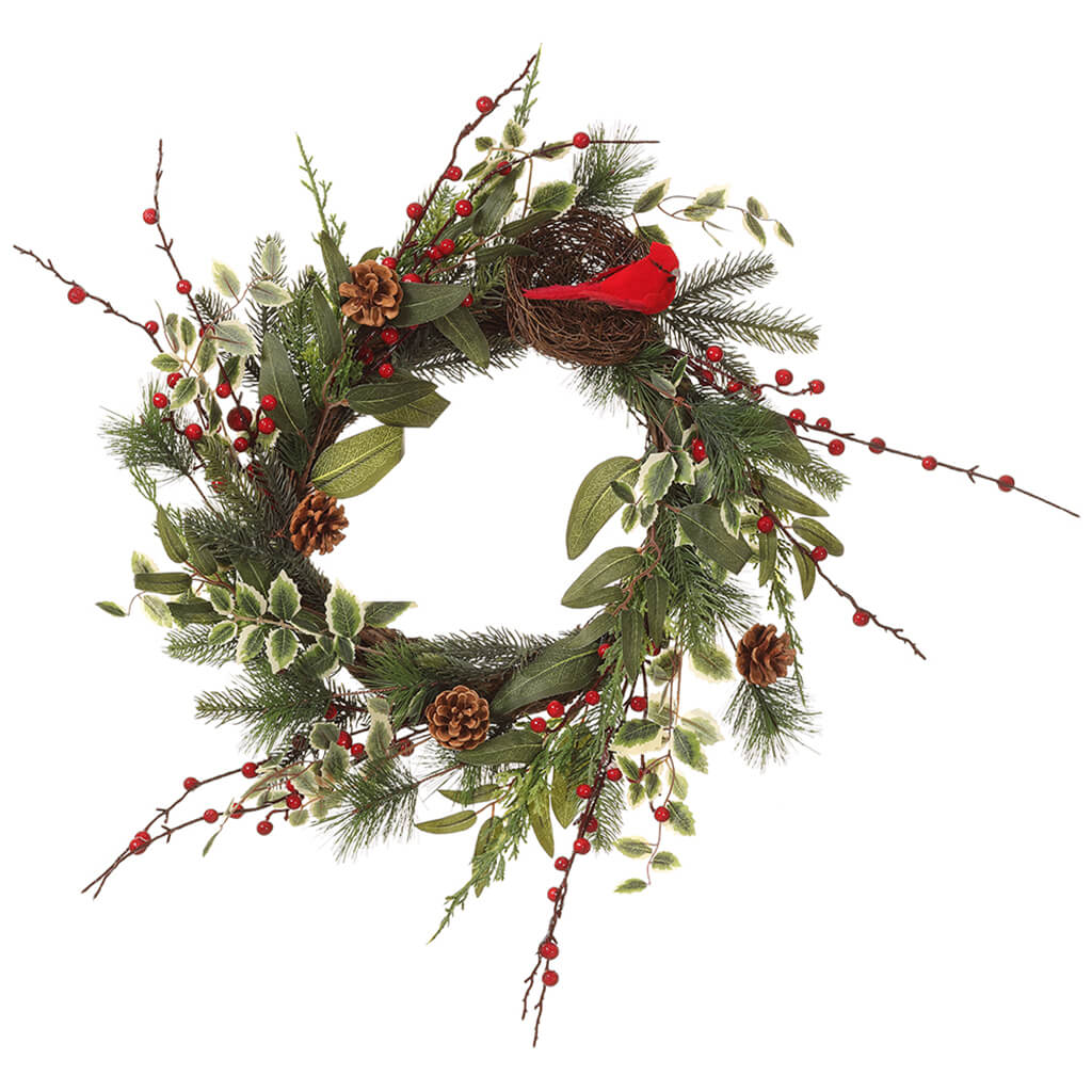 Cardinal/Berry/PineCone/Pine Wreath Red Green 21.5in