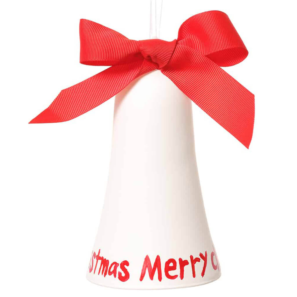 Glass Merry Christmas Bell Ornament Red White 5.5in