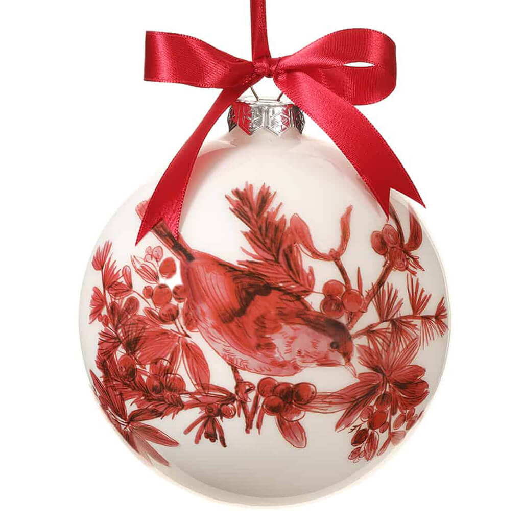 Glass Bird Ball Ornament Red White 4.75in
