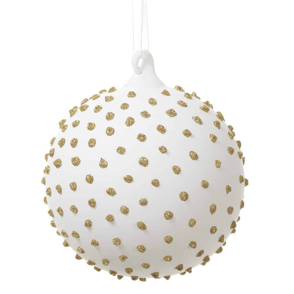 Glittered Glass Dots Ball Ornament White Gold 4in