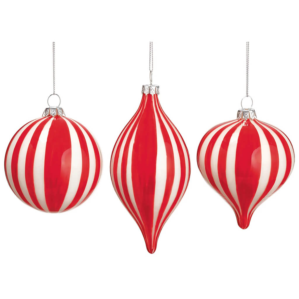 Glass Stripe Ball/ Onion/Finial Ornament Set of 3 3in-5.5in Red Cream