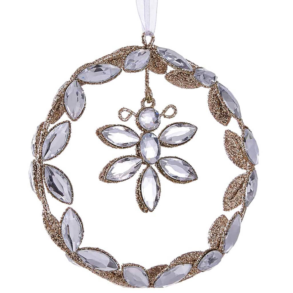 Glittered Rhinestone Flower Ornament Clear Champagne 4.5in