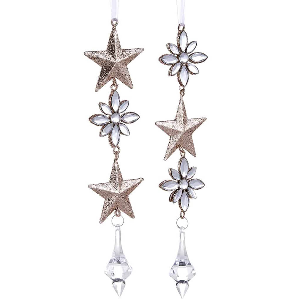 Glittered Rhinestone Star Ornament Champagne Clear Set of 2 10in