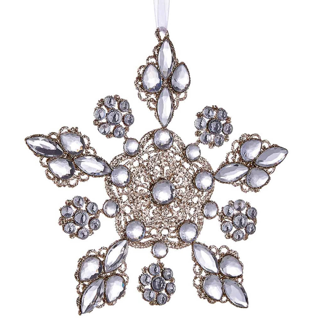 Glittered Rhinestone Snowflake Ornament Clear Champagne 5.5in